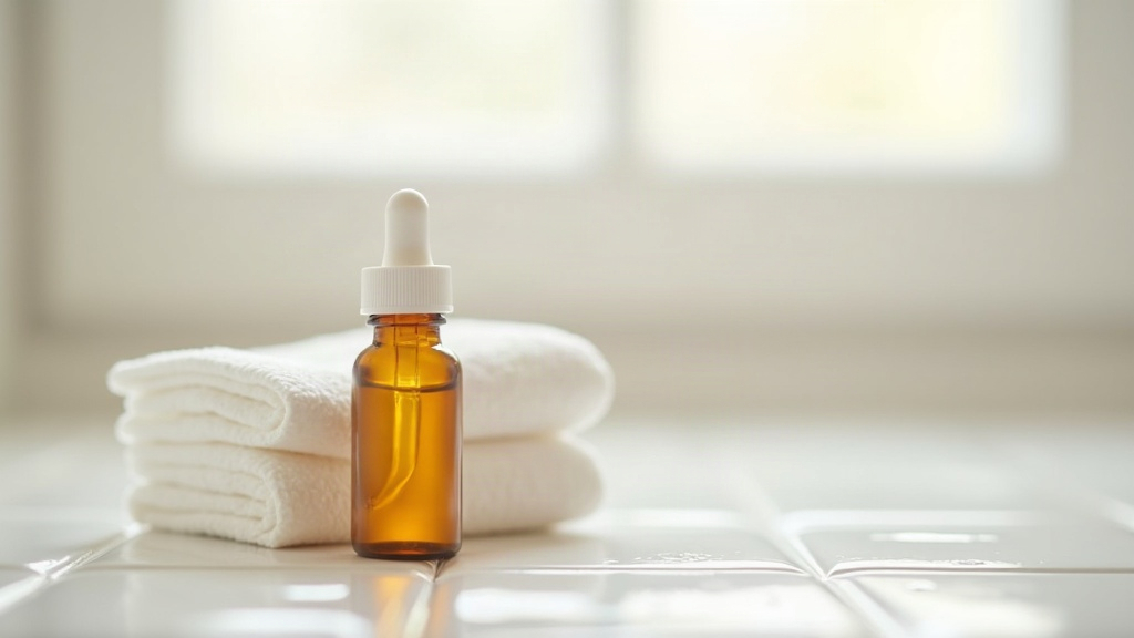 Amber dropper bottle and cotton pads on a tiled surface, related to skincare routines during hormonal changes