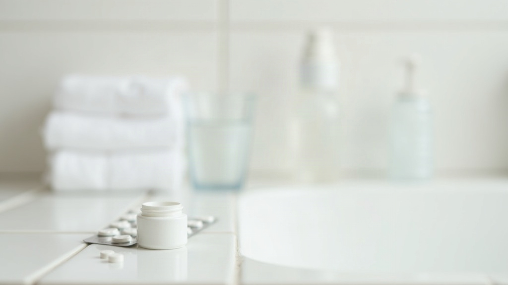 Blank pharmacy packaging and a glass of water on a tiled counter, representing questions about acne and the pill