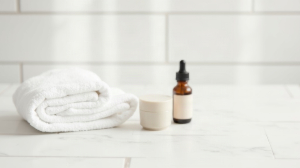 Skincare bottles and a folded towel on a tiled surface, representing the search for the difference between acne and other bumpy skin conditions