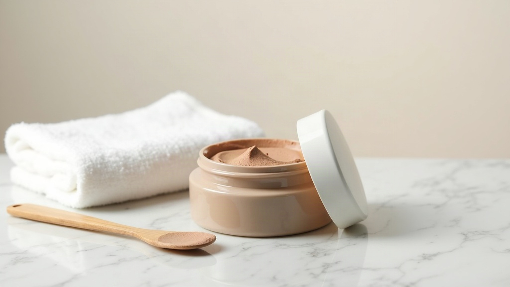 Clay detox mask jar and spatula on a marble counter used to discuss acne detox claims