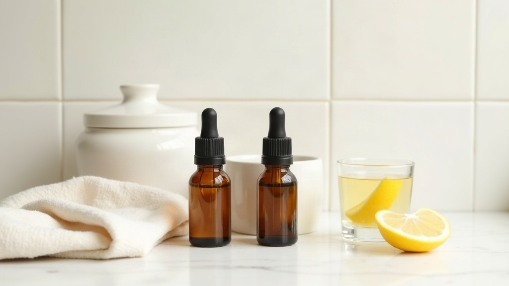 Detox skincare bottles and a glass of water arranged on a tiled counter to illustrate acne detox products
