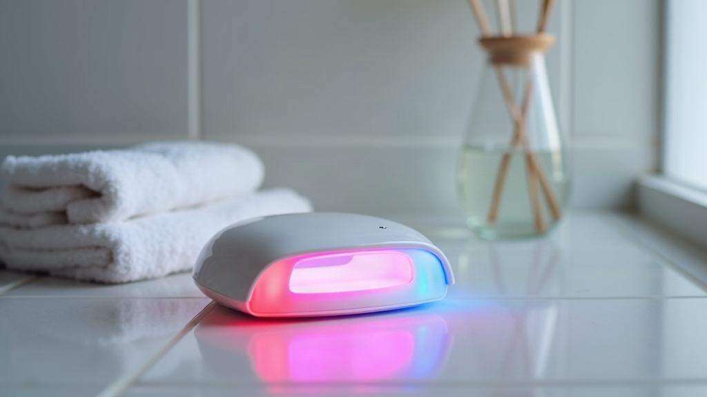 Handheld LED light therapy device glowing red and blue on a tiled bathroom surface
