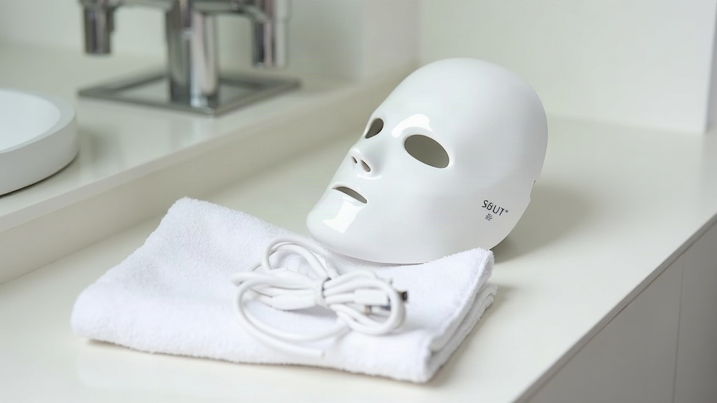 A plain LED mask device resting on a folded towel, illustrating light therapy for acne