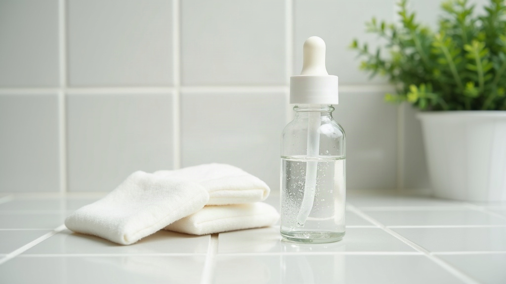 Cotton pads and a dropper bottle beside a small plant, symbolising natural versus synthetic ingredients for acne-prone skin