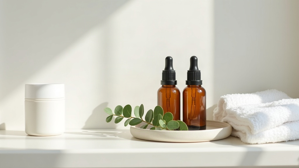 Unlabelled skincare bottles and a plant sprig arranged on a shelf, representing the question of whether natural ingredients are gentler on acne-prone skin