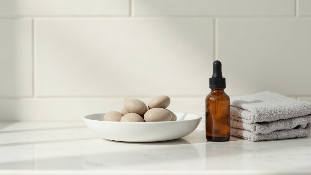 Calm bathroom still life representing how stress can affect skin, with a dropper bottle and folded towel