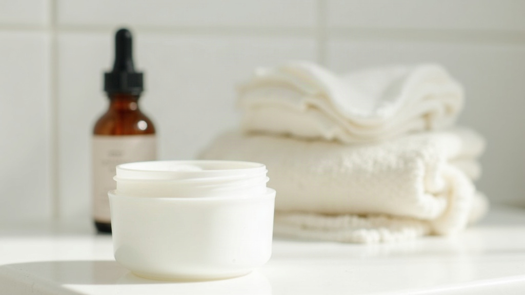Moisturiser jar, dropper bottle and cotton pad laid out for a morning and night acne skincare routine