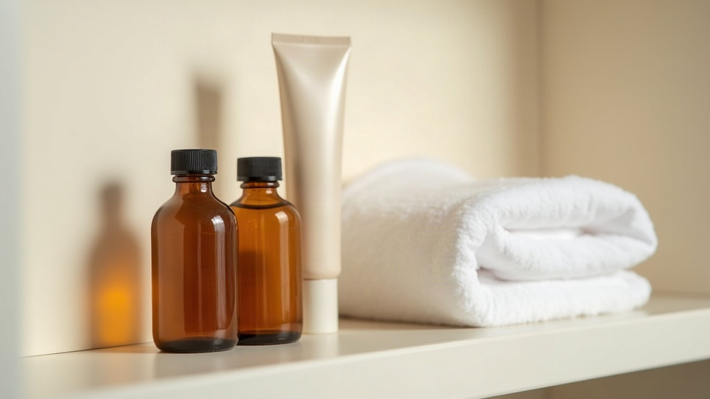 Two groupings of unbranded skincare bottles suggesting a morning and night acne routine on a bathroom shelf