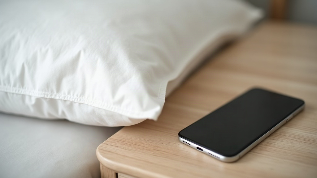 Pillowcase fabric and a phone lying face down, showing everyday surfaces that touch skin during the day