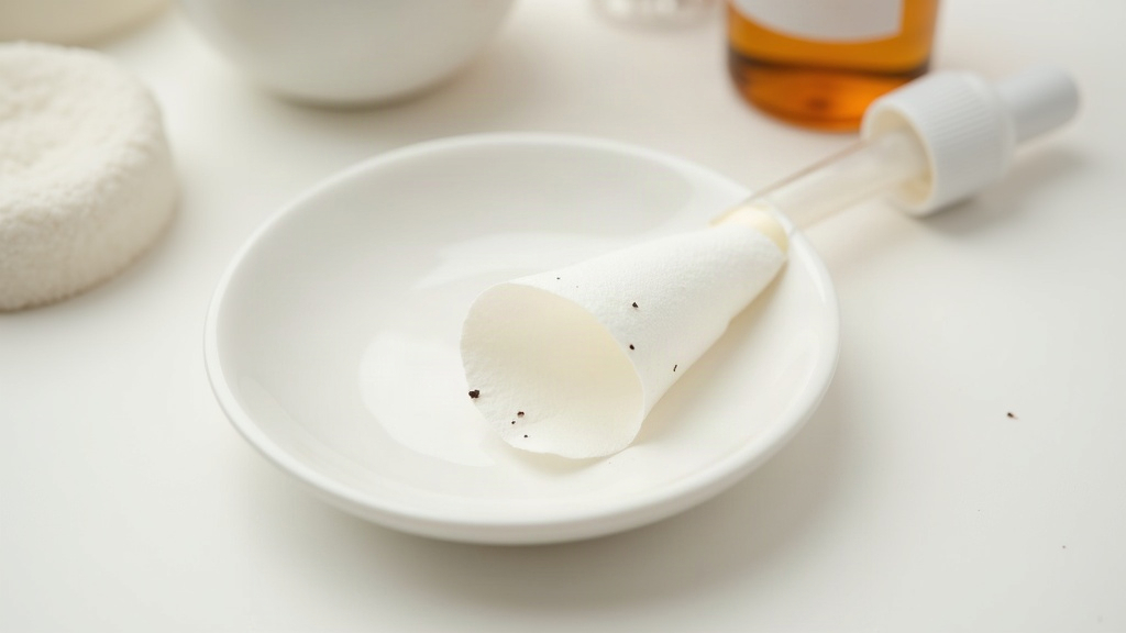 A used pore strip curling on a dish with visible debris, showing what pore strips typically pull from the skin's surface