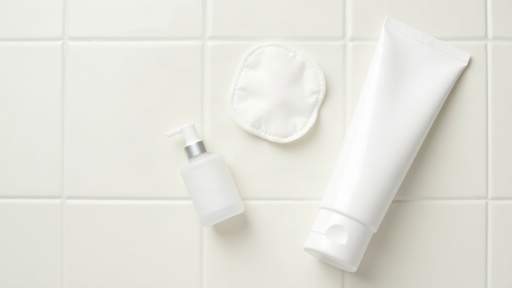 Flat lay of sunscreen and skincare bottles for acne-prone skin routine