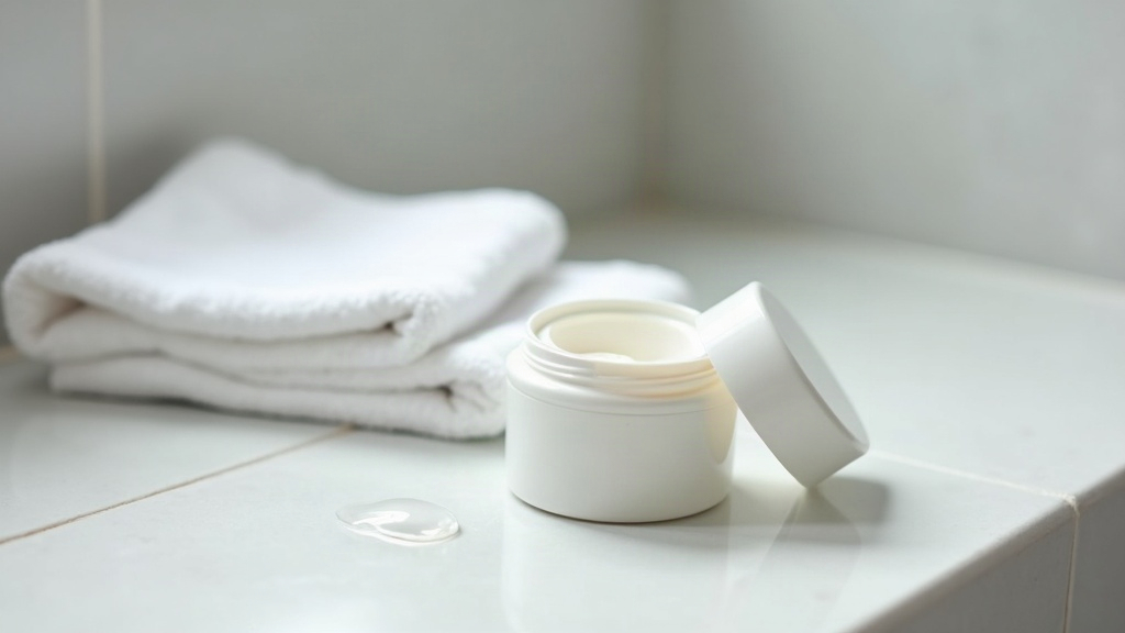 Plain white moisturiser jar on a tiled counter, illustrating the question of whether acne-prone skin needs moisturiser