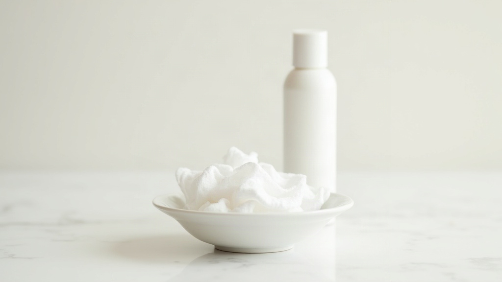 Cotton pads and an unmarked skincare tube arranged on a tiled surface, illustrating a gentle routine for acne-prone skin