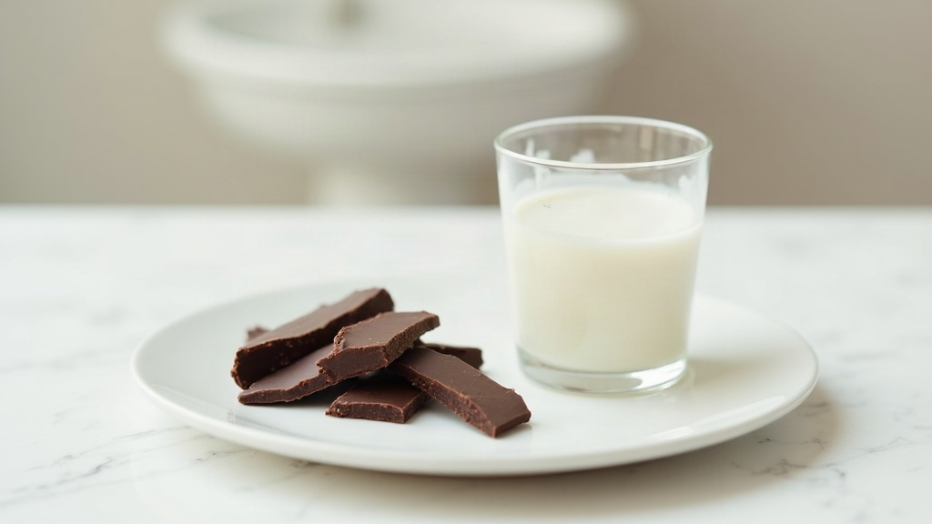 Broken pieces of dark chocolate on a white plate beside a glass of milk, representing the question of whether chocolate causes acne