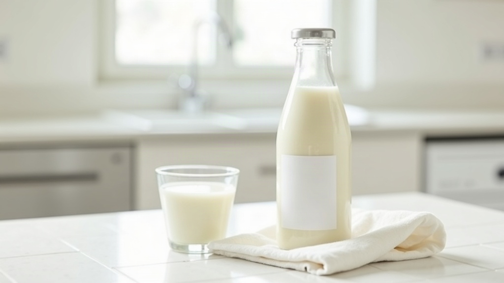 Glass bottle and glass of milk on a tiled counter, representing the question of whether dairy affects acne