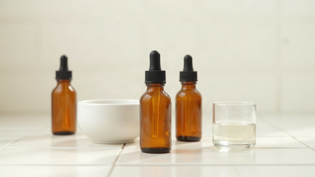 Skincare bottles and a glass of water arranged together on a tiled surface