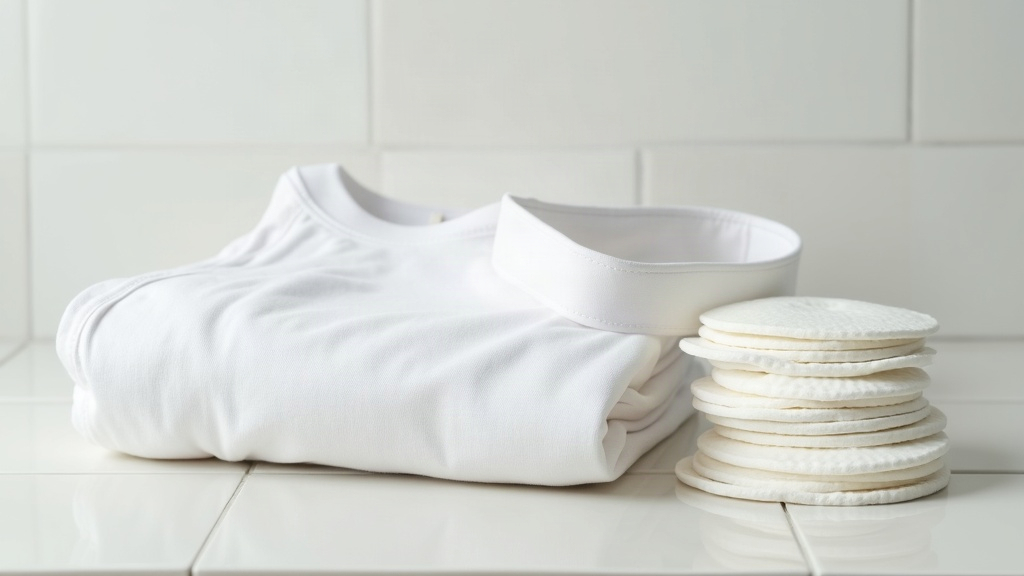 Clean workout clothing and cotton pads on a tiled surface related to exercise and acne-prone skin