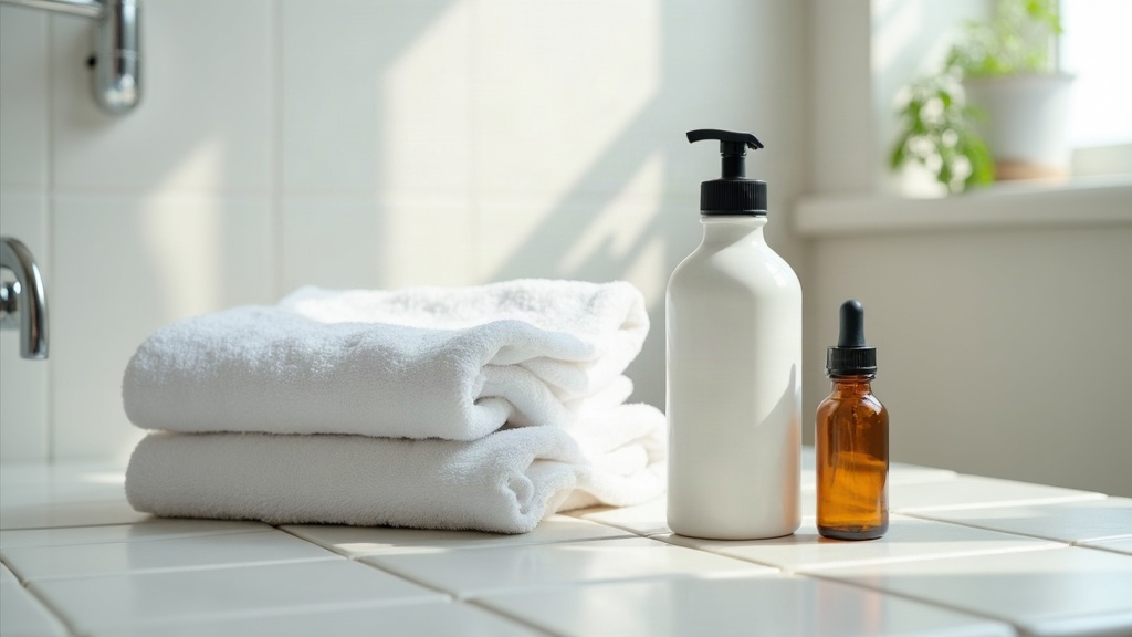 Folded towel and water bottle representing exercise and acne-prone skin care