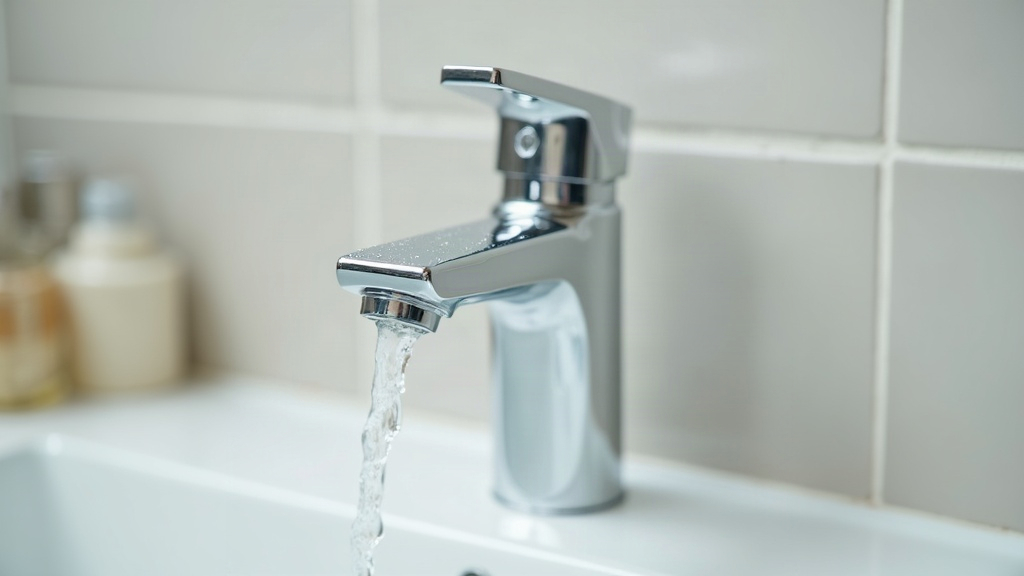 Mineral scale buildup around a bathroom tap, illustrating hard water and its effect on acne-prone skin