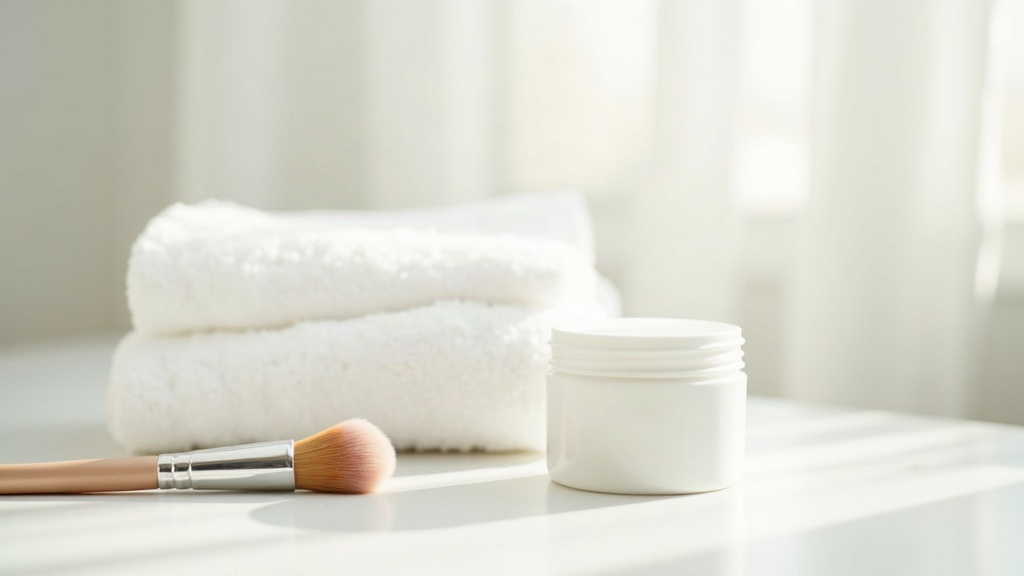 Makeup brush and plain cosmetic jar on a bathroom counter, representing everyday makeup use and acne-prone skin