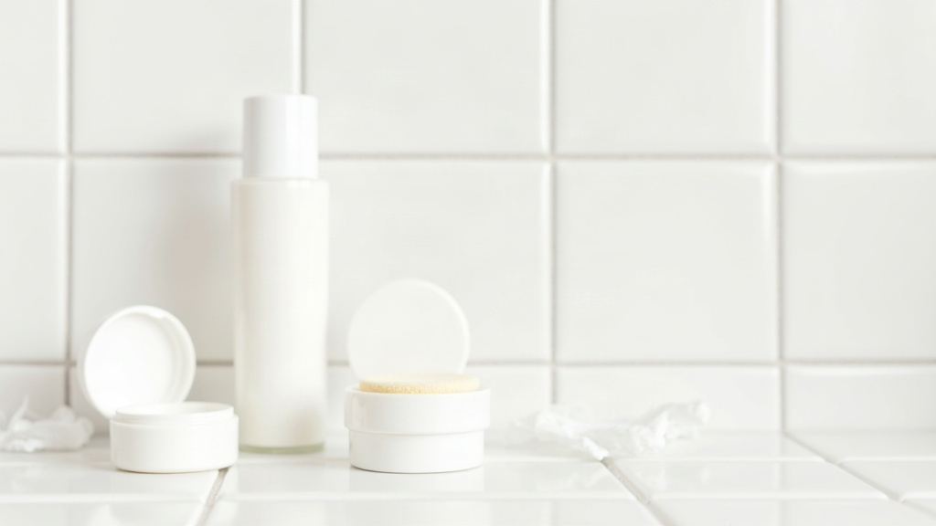 Unbranded makeup bottles and cotton pads arranged on a tiled surface, illustrating whether makeup makes acne worse