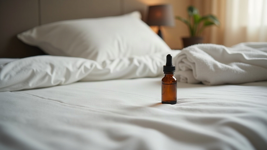 Nightstand beside a made bed showing a dropper bottle, representing the link between sleep and skin