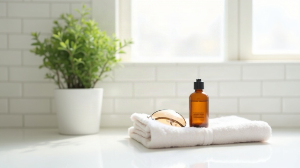 Sunscreen bottle and folded towel on a tiled surface, representing sun exposure and acne skincare
