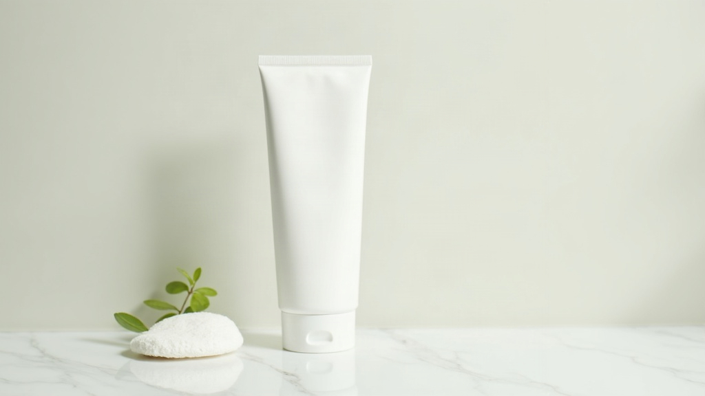 Sunscreen tube on a marble surface, illustrating the role of sun protection in fading dark marks after acne