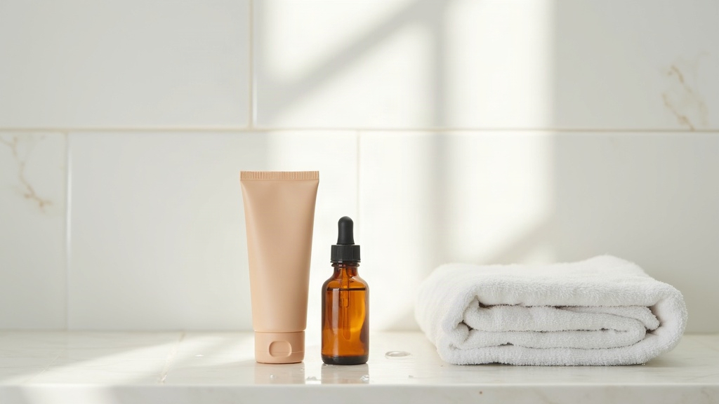 Unbranded sunscreen tube and dropper bottle on a tiled shelf, representing how sunscreen affects dark marks fading