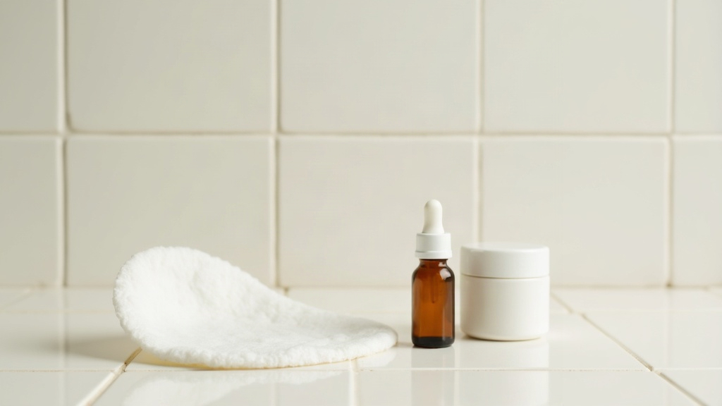 Cotton pad, dropper bottle and plain jar arranged on a tiled surface, representing spot-care products as an alternative to toothpaste