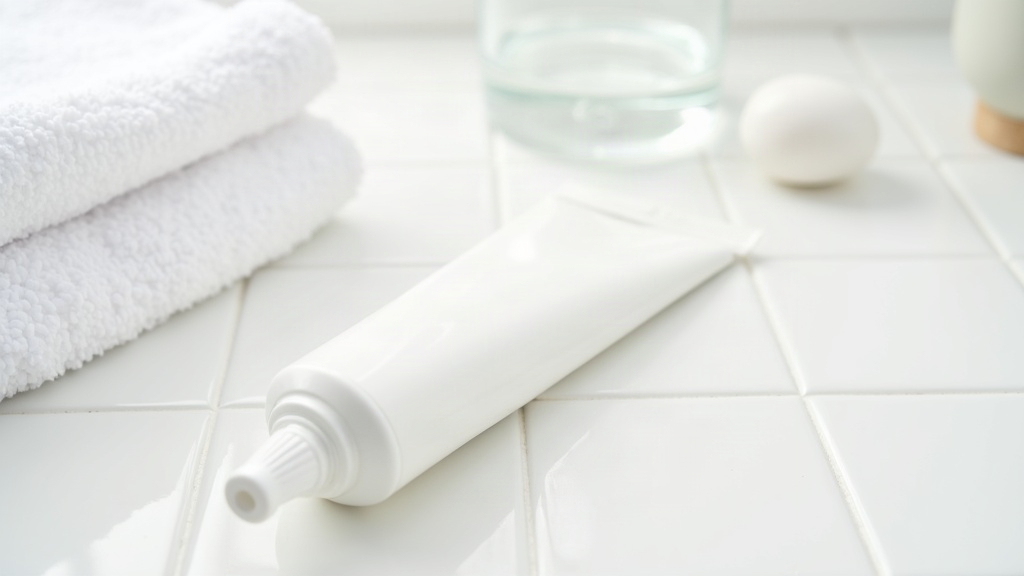A plain toothpaste tube on a bathroom tile surface, illustrating the question of whether toothpaste helps a spot