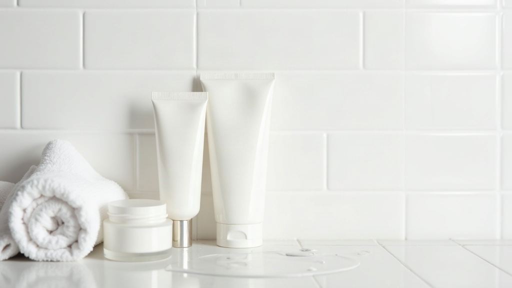 A simple three-product teenage skincare routine of cleanser, moisturiser and sunscreen arranged on a bathroom shelf
