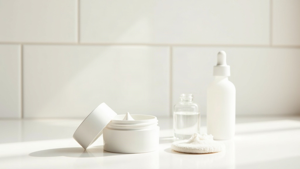 Unlabeled moisturiser tub and cotton pad on tile, representing gentle skincare for rebuilding a damaged skin barrier