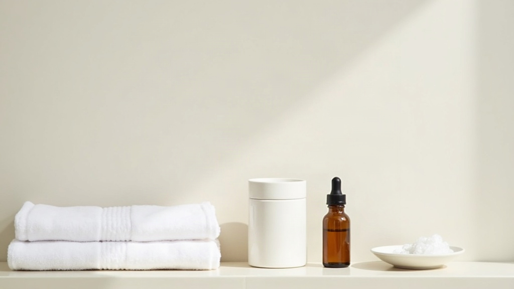Plain skincare jars and a folded towel arranged on tile, representing a simple routine to rebuild a damaged skin barrier