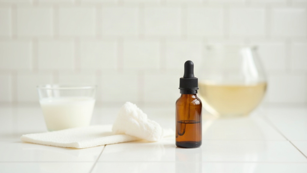 Single dropper bottle and cotton pad on a tiled counter, illustrating patience needed when trialing a new skincare product