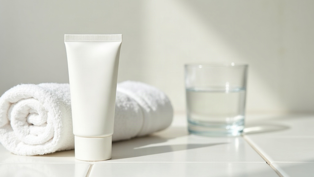 Sunscreen tube on a bathroom shelf, relevant to reducing acne scarring risk through sun protection