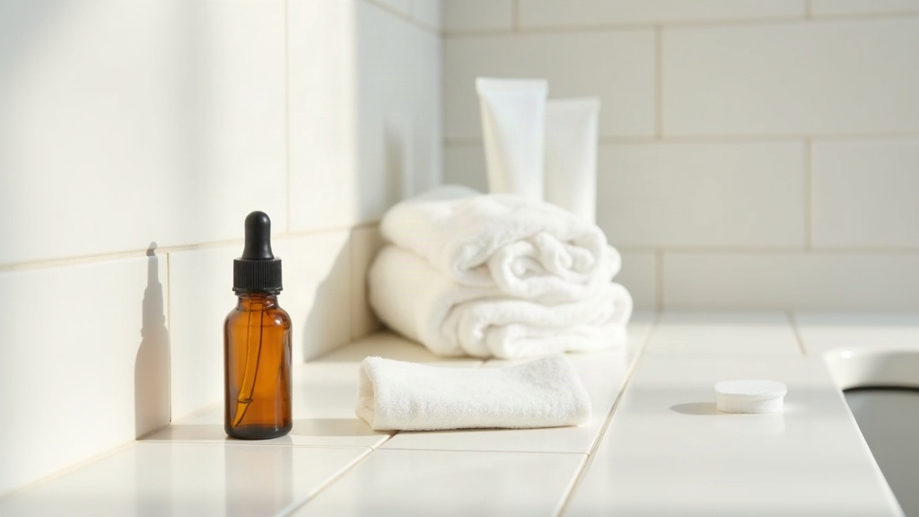 Skincare bottles and cotton pads arranged on a bathroom counter, representing steps to reduce the chance of acne scarring