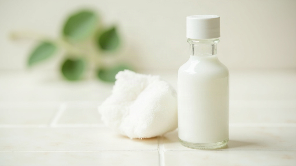 Cotton pad and unlabeled bottle on a tiled surface, symbolising a plain-language conversation about acne