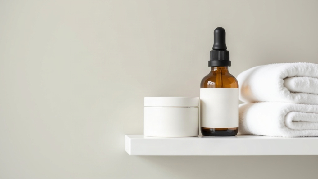 Plain skincare bottles and folded towels on a bathroom shelf, representing a calm way to talk about acne