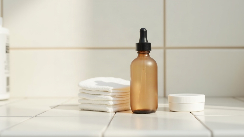 Skincare bottles and cotton pads arranged on a bathroom counter, unrelated to hygiene as a cause of acne