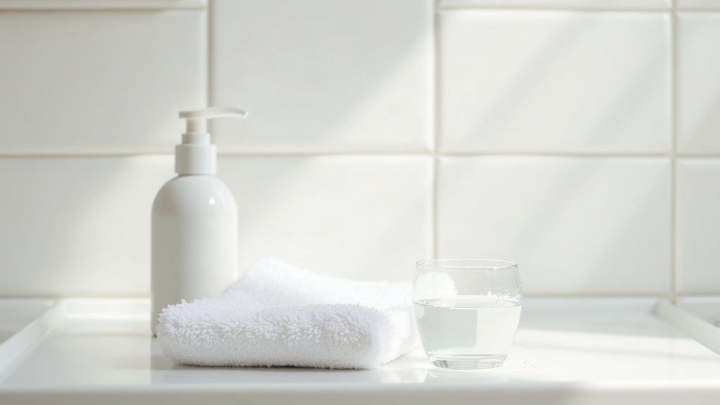 A gentle face wash bottle and folded towel beside a bathroom sink, representing the question of whether acne is caused by not washing your face enough