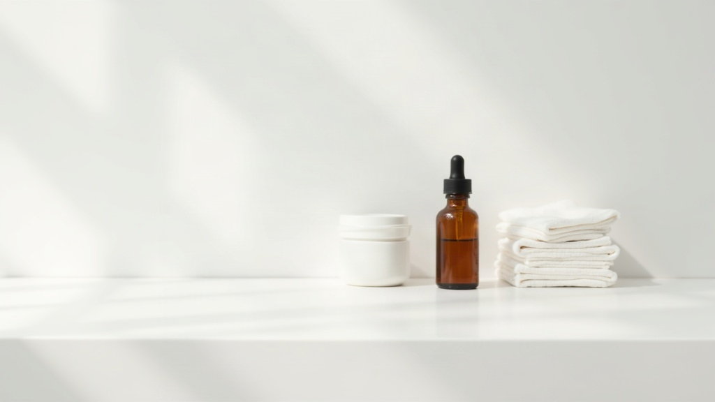 Skincare bottles and cotton pads arranged on a shelf, representing the question of oily skin versus acne-prone skin