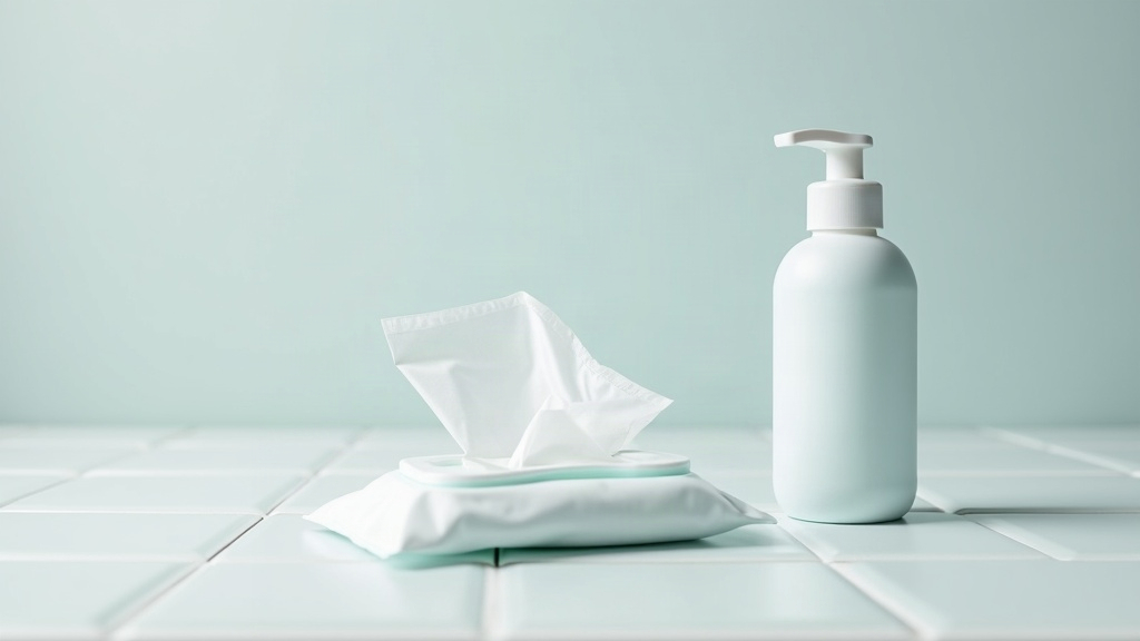 A sterile wipe and unbranded skincare bottle on a tiled surface, illustrating aftercare steps following a popped spot