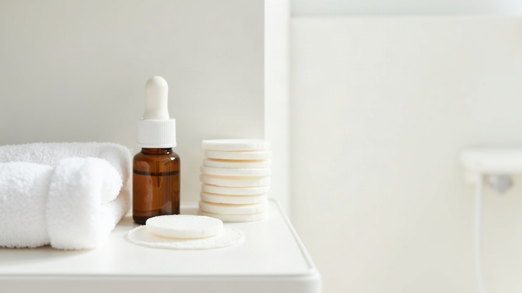 Cotton pads and a dropper bottle arranged on a bathroom shelf, representing skin care after popping a spot