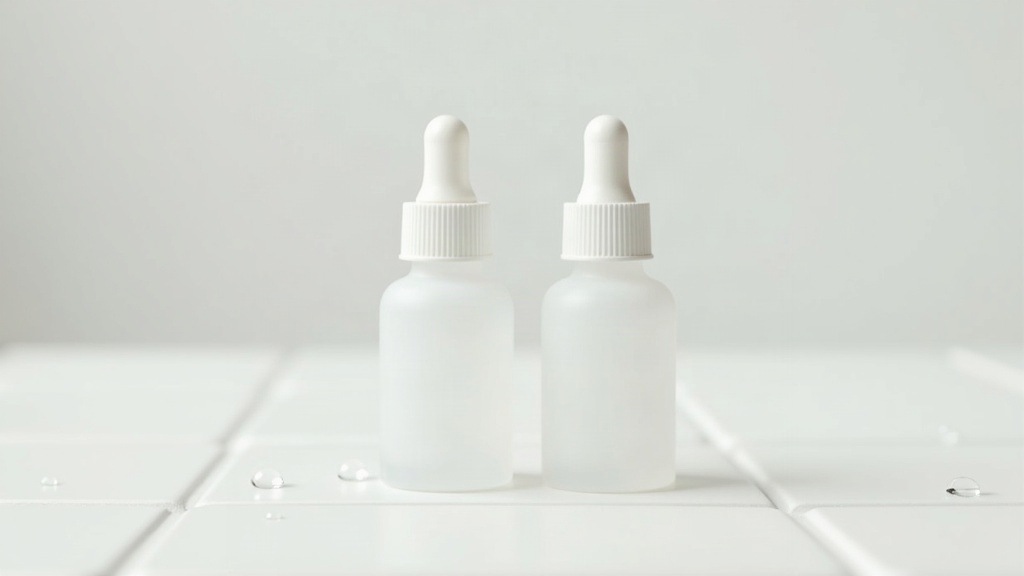 Two dropper bottles on a tiled counter, illustrating the comparison between skin purging and a bad reaction to a new product