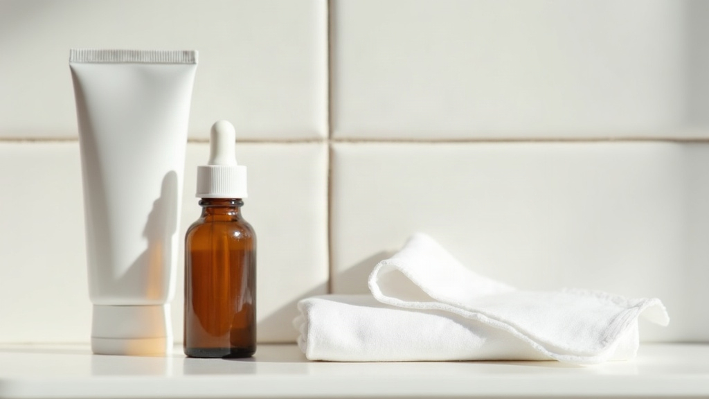 Skincare bottles arranged on a tiled shelf, representing products that can cause skin purging or a bad reaction