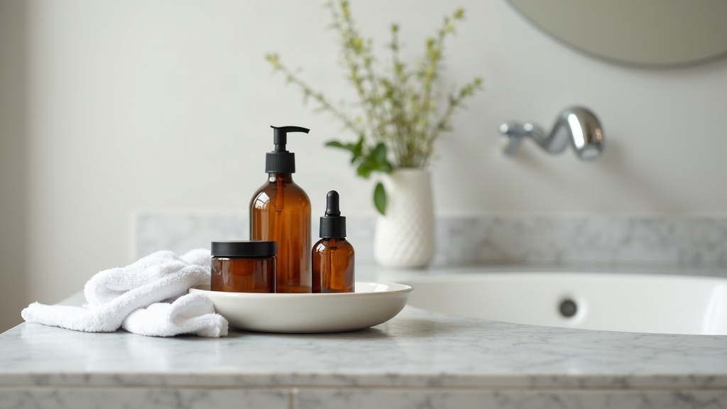Skincare bottles and jars arranged on a tiled surface, representing options for treating textured acne scarring