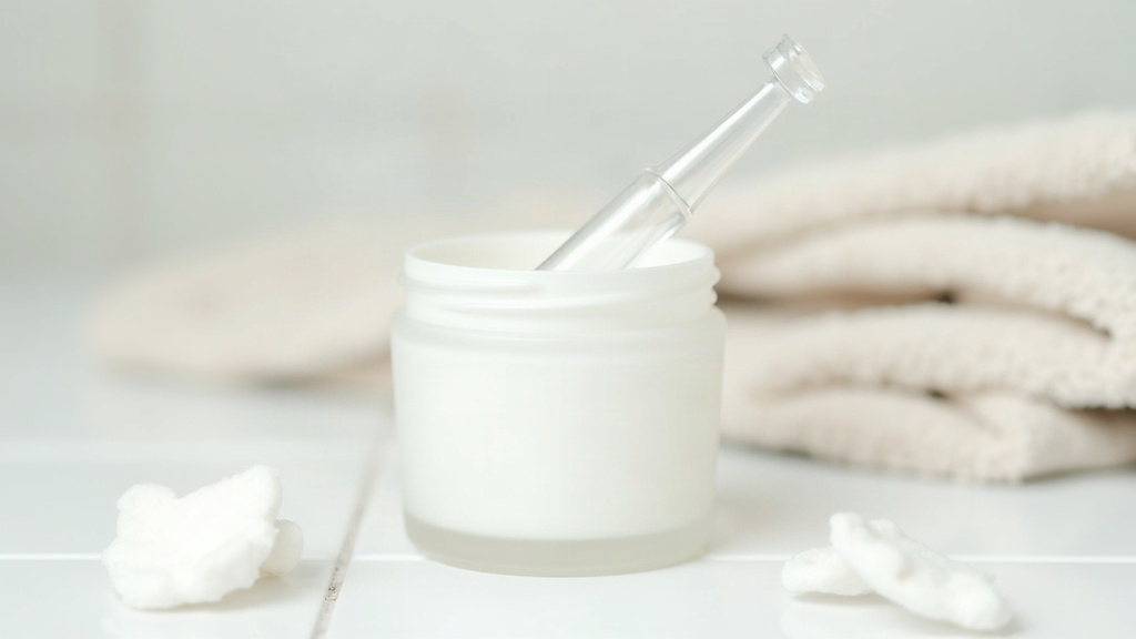 Pipette and cotton pads arranged near an open jar, illustrating AHA and BHA skincare products
