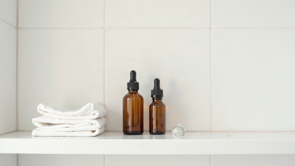Two amber glass bottles representing AHA and BHA exfoliants on a bathroom shelf