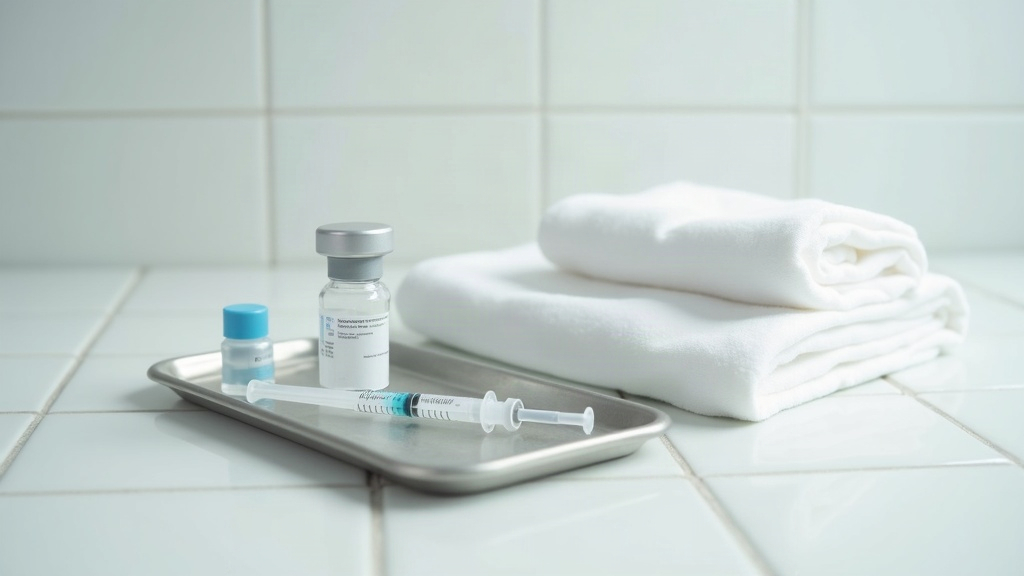 Sterile syringe and vial on a tray, representing steroid injections for cystic spots discussed at a doctor's office